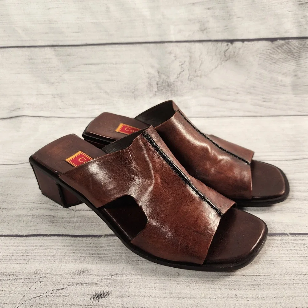 Cole Haan Studio Women's Size 6 Brown Leather Slide Sandals Block Heel Square